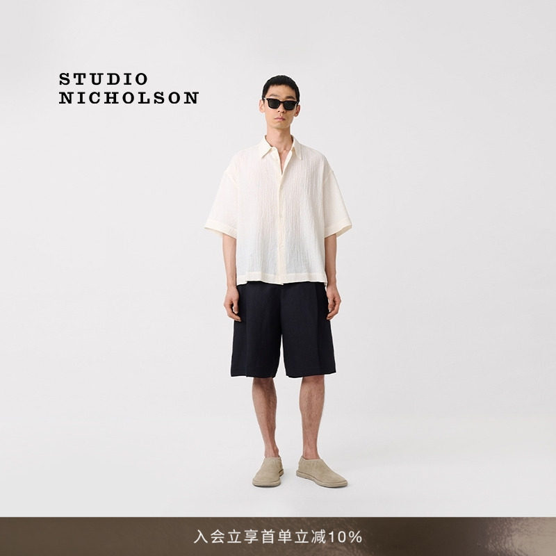 STUDIO NICHOLSON SANKO男士棉混纺褶皱纹理BOXY短袖衬衫图片