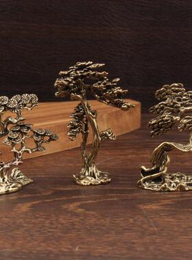 黄铜迎客松松鹤延年摆件 家居办公室工艺品礼品装饰铜器摆件