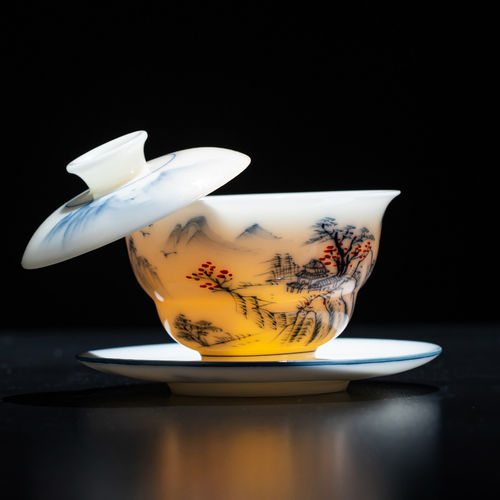 手绘羊脂玉瓷璞玉可悬停三才盖碗茶具中式陶瓷功夫茶碗带盖茶杯