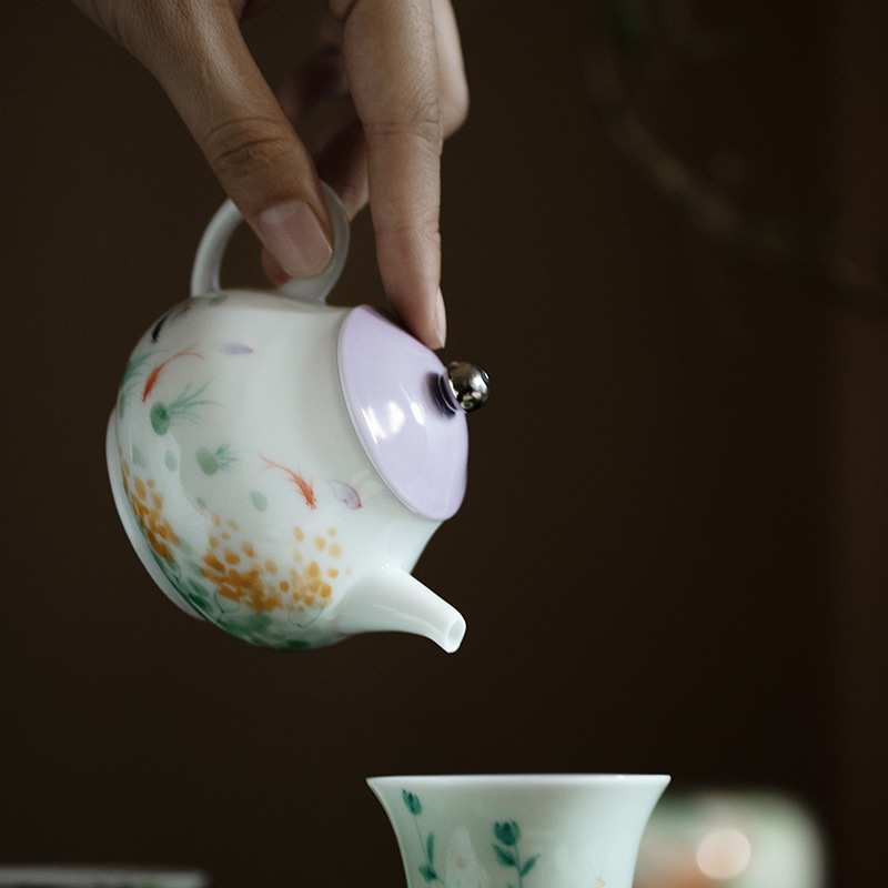 无落景德镇手绘莲花小茶壶陶瓷描白金茶壶小号泡茶壶家用喝茶过滤