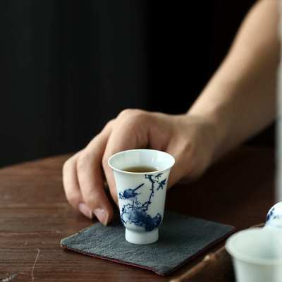 汾水青花闻香杯仿古花鸟文人品茗杯景德镇釉下青花杯手工主人杯