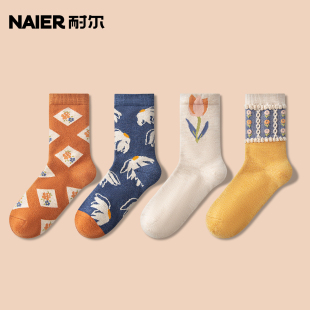 耐尔袜子女加厚保暖秋冬棉羊毛长袜复古网红款田园风碎花朵睡眠袜