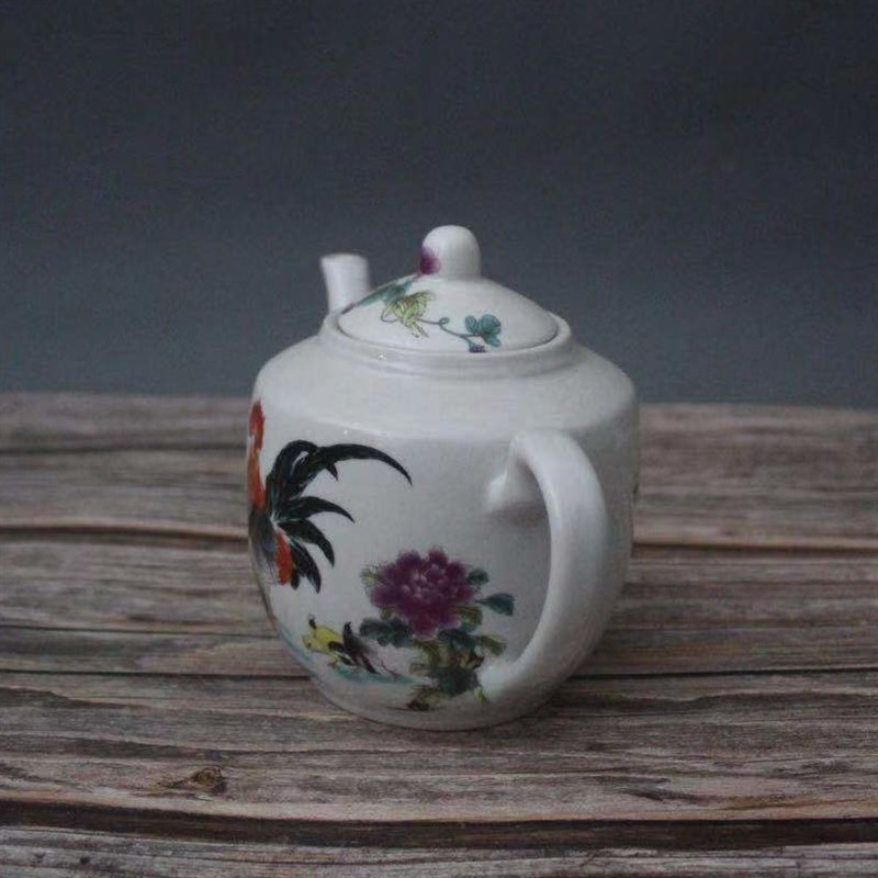 清光绪粉彩鸡公全家福图茶壶景德镇仿古陶瓷家居装饰摆件家用茶具