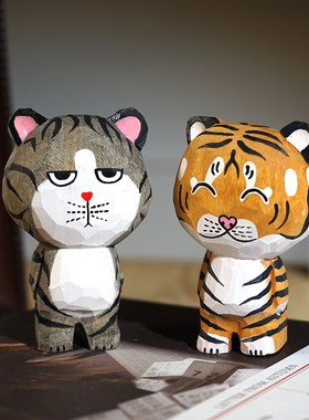 呆萌老虎猫手工木雕小摆件公仔可爱木质雕刻治愈系卡通书桌装饰品
