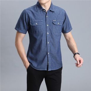 衬衫 夏季 牛仔薄款 纯棉男士 2021年韩港风宽松休闲潮衬衣工作服 短袖