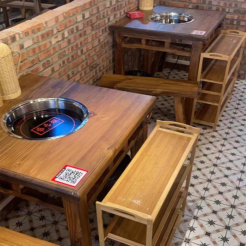 复古八仙桌火锅桌市井风实木桌凳火锅店做旧桌子电磁炉地摊大排档
