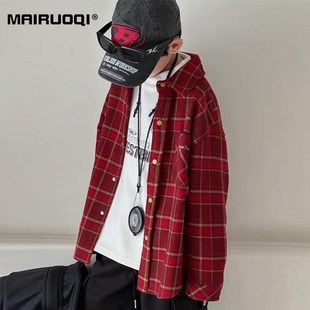 男童衬衫秋冬儿童加厚毛呢外套2025新年红色中大童格子春秋衬衣潮