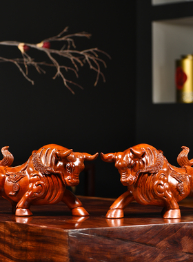 花梨木雕华尔街牛气冲天摆件生肖牛实木家居客厅办公装饰工艺礼品