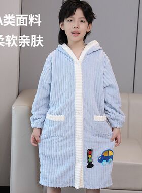 儿童前开扣带帽浴袍式浴巾中大童洗澡游泳亲子家用裹巾吸水睡袍