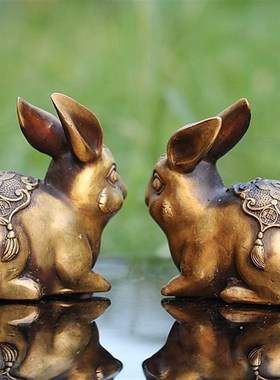 包邮纯铜兔子财富一对招财福字小号招财进宝生肖仿古黄铜卧室摆件