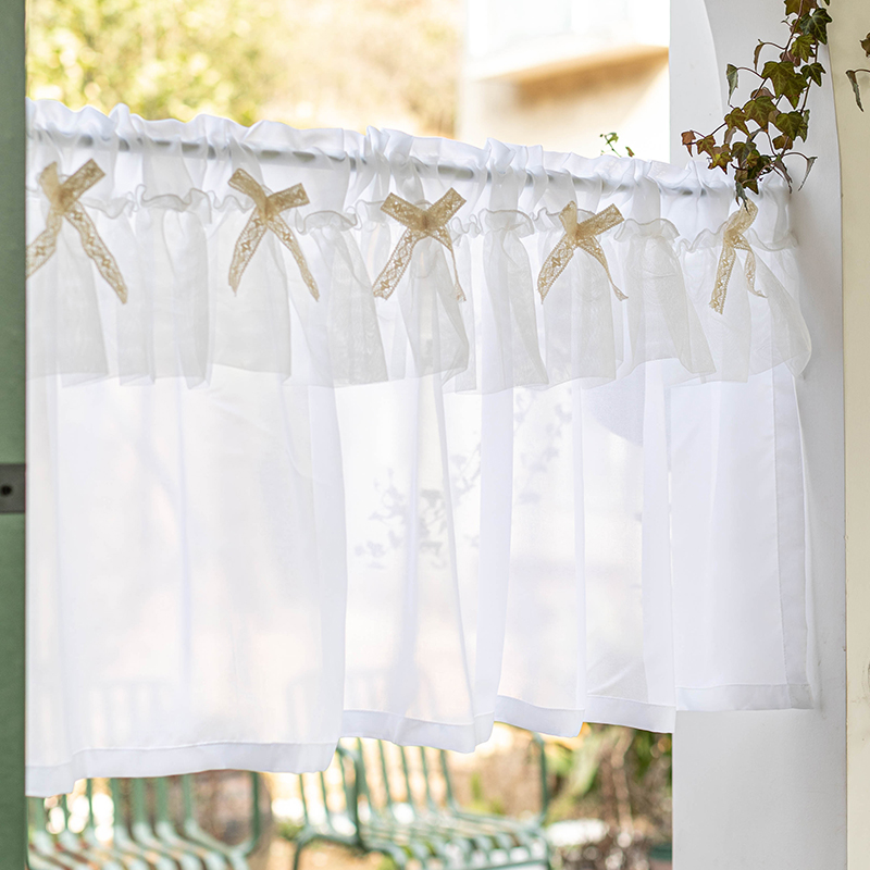 韩式田园透光不透人纱帘蝴蝶结半帘咖啡帘白色免打孔短帘隔断门帘