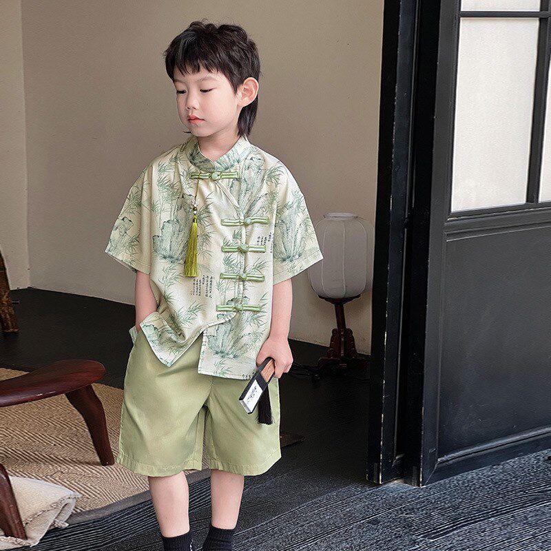 儿童新中式衬衫2024夏季男童山水古风宝宝国潮短袖棉汉服衬衣套装