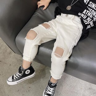 2023春秋款破洞乞丐裤儿童跳街舞嘻哈洋气男童小脚修身瘦版修身裤