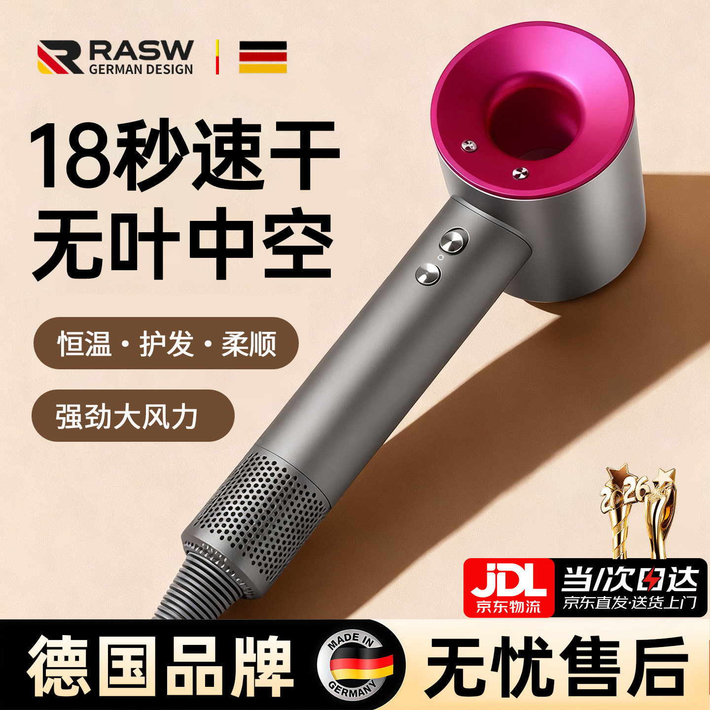 RASW德国高速吹风机家用负离子护发静音大风力速干不伤发2026新款