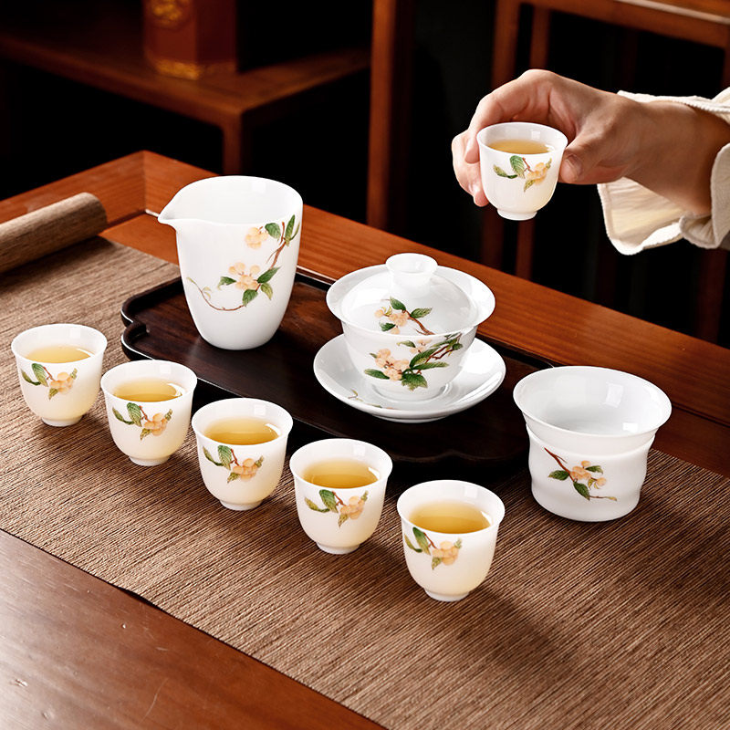 枇杷/繁花茶具套装冰种玉瓷手绘