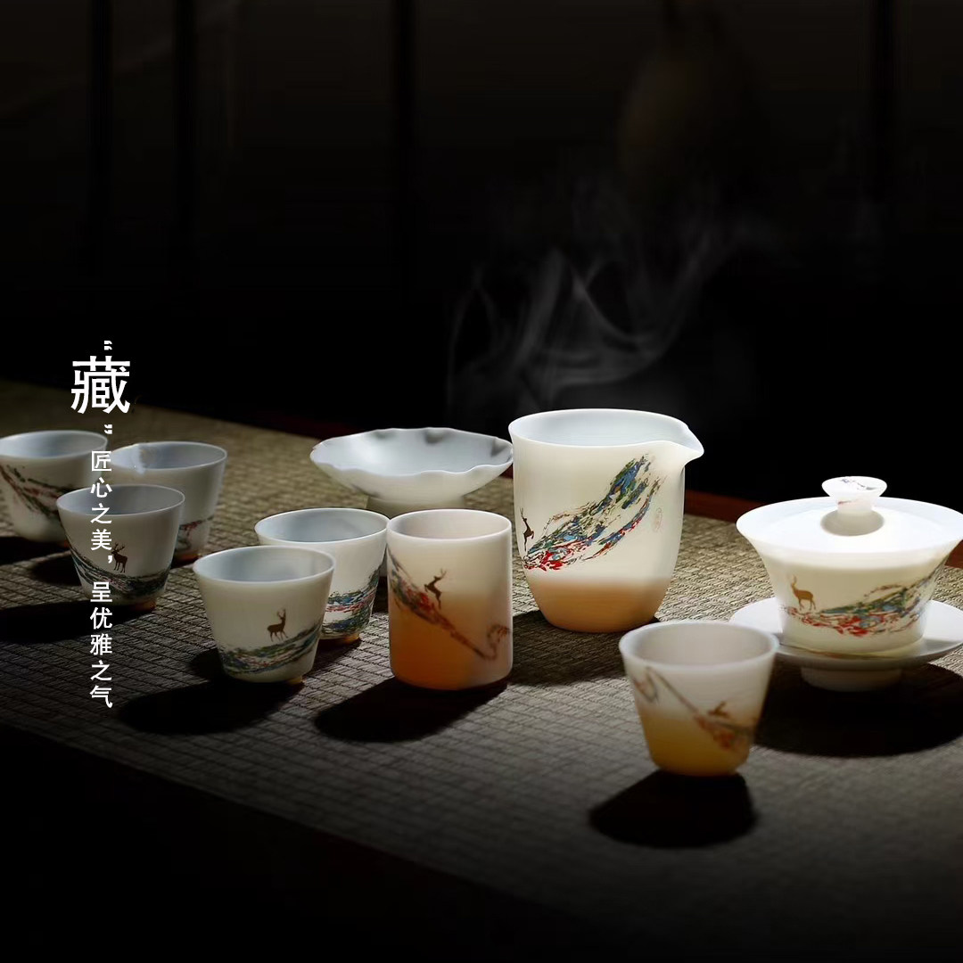 宫禧鹿茶具套装素烧羊脂玉片金