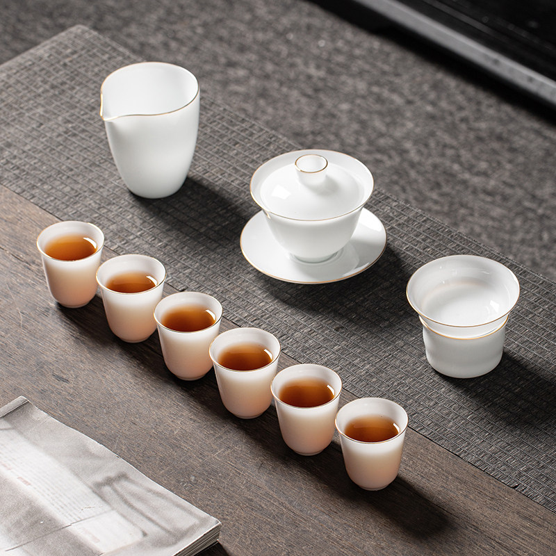 描金茶具套装冰种玉瓷贺利氏金
