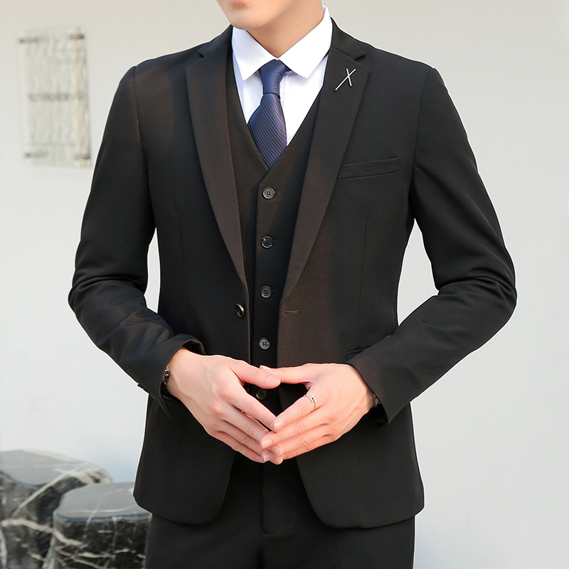 纯色西服套d装男韩版修身休闲商务正装青年三件套结婚新郎潮流弹