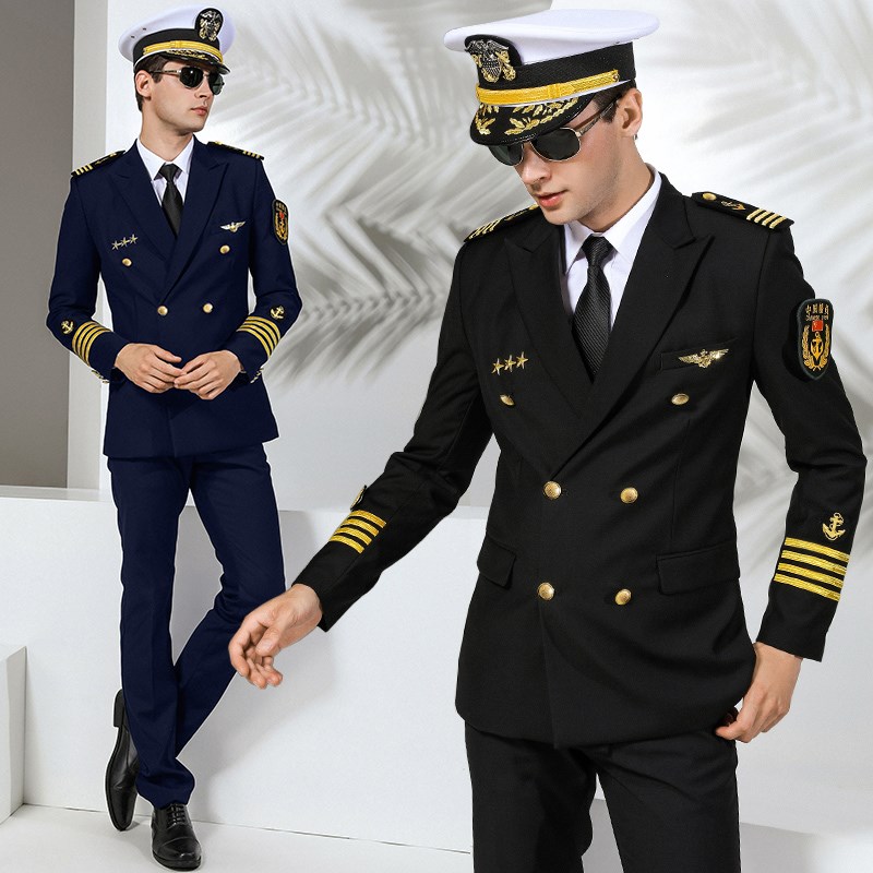 船长海员黑色西装外套邮轮游艇船务制服套装轮机长V水手保安工作