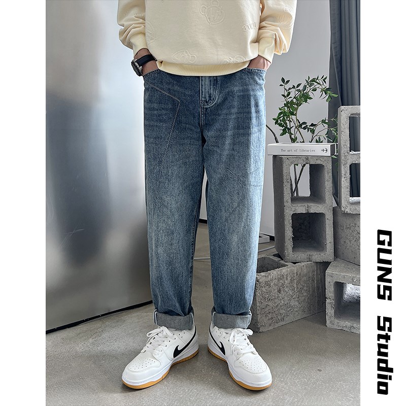 杠叔水洗牛仔裤男春秋季宽松x直筒简约休闲宽松长裤子韩版潮流百