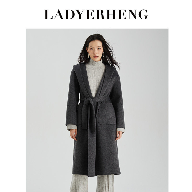 LADYERHENG冬季女装深灰色浴袍式中长款宽松呢子大衣毛呢外套