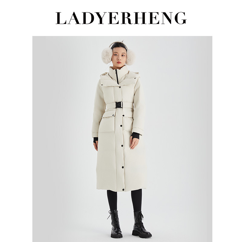 LADYERHENG冬季女装鸭绒杏色过膝中长款腰带款修身高领连帽羽绒服