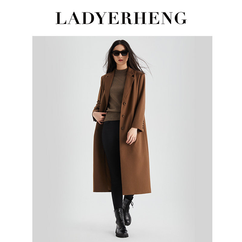 LADYERHENG早春女装浅咖色西装领长袖过膝中长款大衣风衣外套