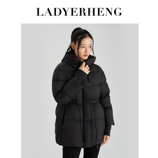 LADYERHENG冬季女装90鸭绒哑光黑色H型连帽抽绳轻薄简约羽绒服