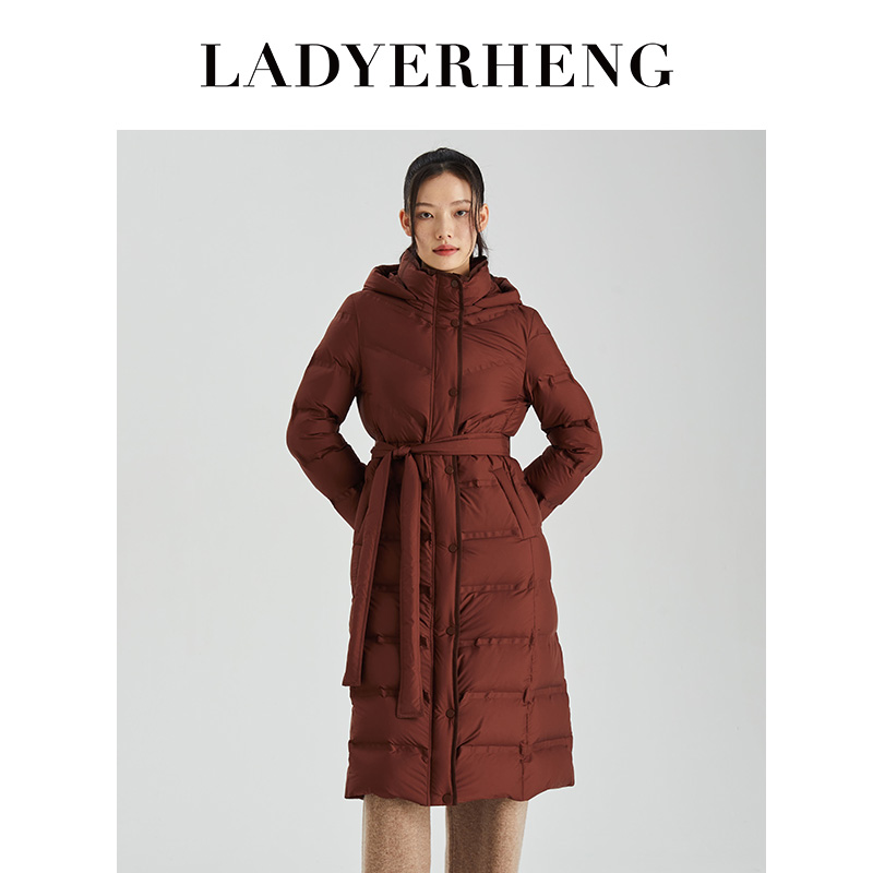 LADYERHENG冬季女装鸭绒咖啡色中长款腰带款修身轻量外套羽绒服