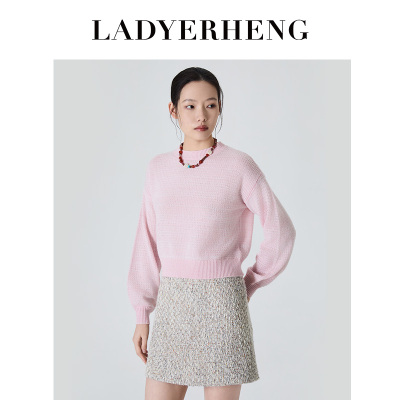 LADYERHENG26新品女装淡绯色短袖女设计感粉色上衣毛针织衫