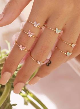 跨境饰品 INS热款彩色锆石戒指小熊爱心花朵蝴蝶指环手饰首饰女