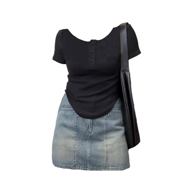 大码胖辣妹黑色修身显瘦不规则短袖恤上衣+遮胯牛仔短裙两件套