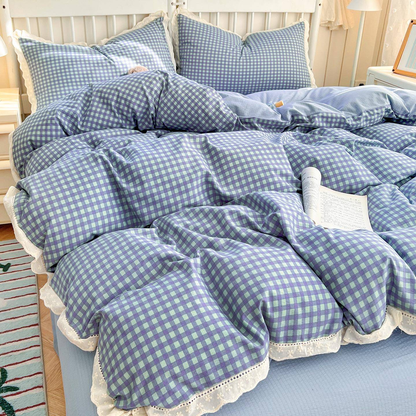 新款小清新木棉皱皱纱花边四件套学生宿舍家用可机洗床单被套套件