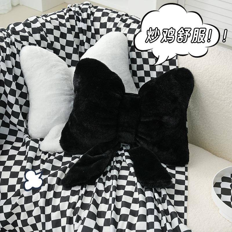 黑色蝴蝶结飘带沙发抱枕 仿兔毛舒适座椅靠枕ins风简约百搭靠背垫