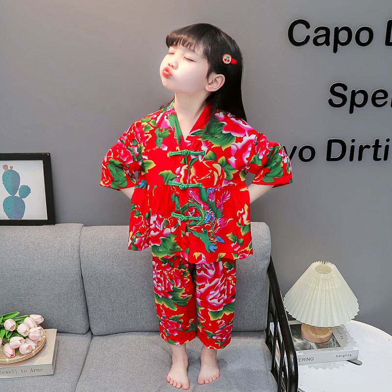 东北大花女童纯棉睡衣儿童春秋长袖女孩宝宝中国风家居服开衫套装