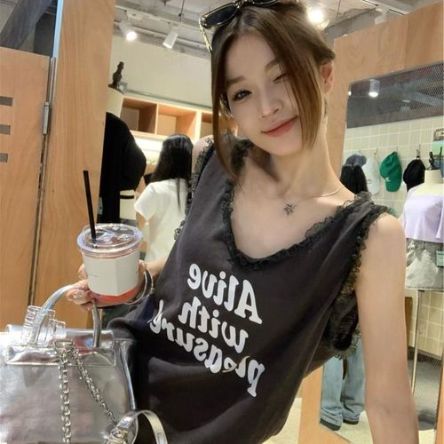 胖MM大码蕾丝拼接印花吊带背心女夏款30L0斤辣妹外穿韩风无袖上衣