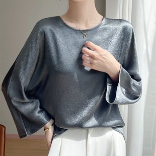 缎面醋酸女宽松显瘦百搭上衣潮 时n尚圆领短袖 2025夏季 新款