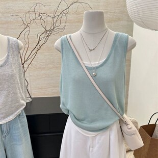300斤无袖 胖mm2 上衣 多巴胺假两件蓝色吊q带宽肩带背心女夏季 大码