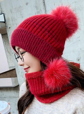 毛线帽女冬季针织韩版兔毛帽加绒保暖护耳围巾帽子套头一体连体帽