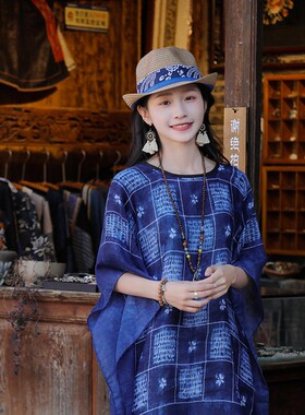 民族风文艺复古新涤棉扎染女w上衣宽松旅游套头斗篷披肩遮阳草帽