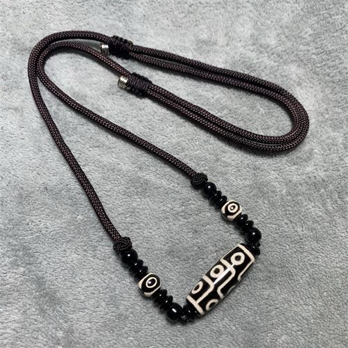 藏式黑白约30毫米九眼天珠x项链吊坠锁骨链男女款手工编织民族风