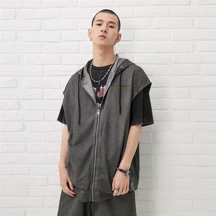 马甲印花款 春夏新款 连帽男无袖 l脏洗街头摇滚背心个性 外 潮流美式