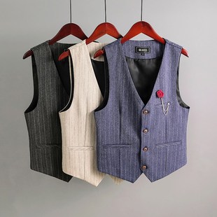 修身 港味复古条纹f西装 新款 2022春季 气质外穿坎肩马夹背 马甲男士