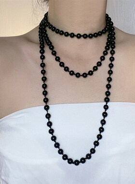 时髦黑色珍珠复古串珠q长款项链女多层叠戴气质毛衣链颈链配饰