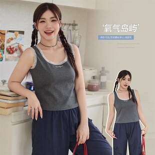 小波家2025夏季 胖mm韩系宽肩蕾丝拼接S刺绣U领吊带背心