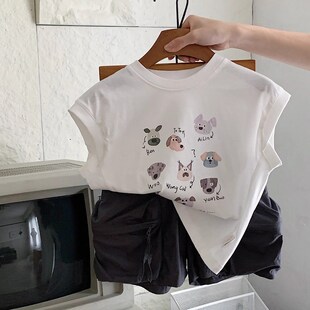 T恤衫 2025b夏季 无袖 洋气时尚 男童狗狗印花纯棉背心上衣薄 儿童新款