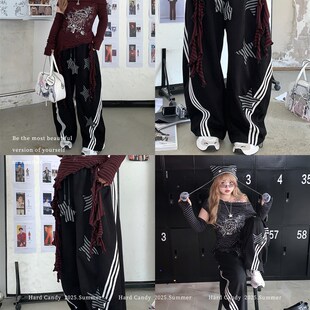 宽松直筒阔腿长裤 E女大码 覆古刺绣设计感弯刀裤 美式