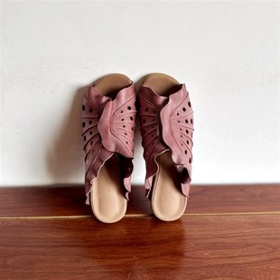 复古文艺范小众设计款 头层牛皮低跟镂空一字拖凉拖 手工真皮z女鞋