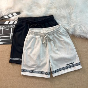 夏季 美式 不过膝四分裤 男女情侣装 宽松V拼织带刺绣字 街头运动短裤