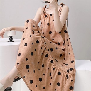 波点绑带吊带睡裙女o夏季 连衣裙鱼尾裙 绵绸宽松可外穿圆点中长款